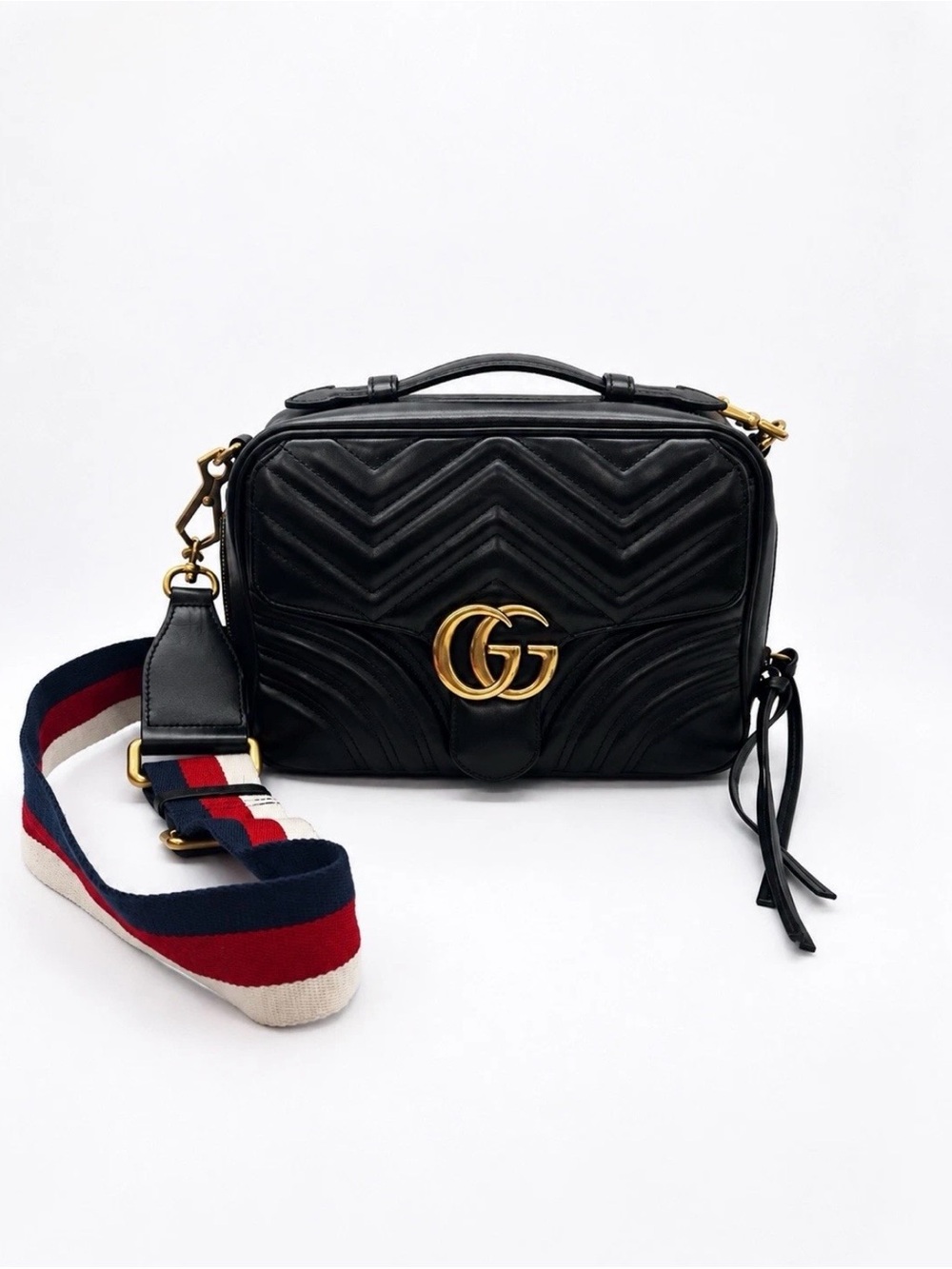 Gucci GG Marmont Matelassé Black Leather Shoulder / Camera Bag w/ Web Strap GHW